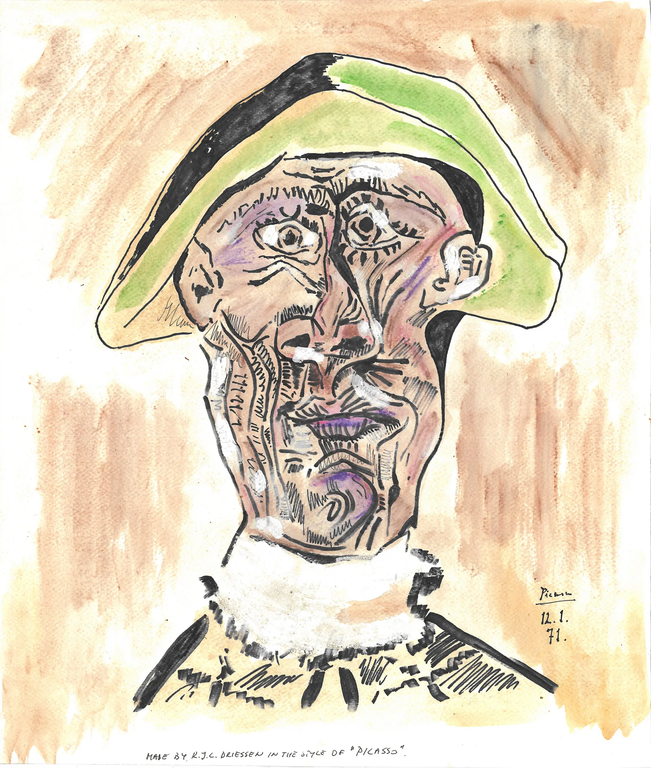 Buste d’homme au chapeau - door Robert Driessen in de stijl van Pablo Picasso